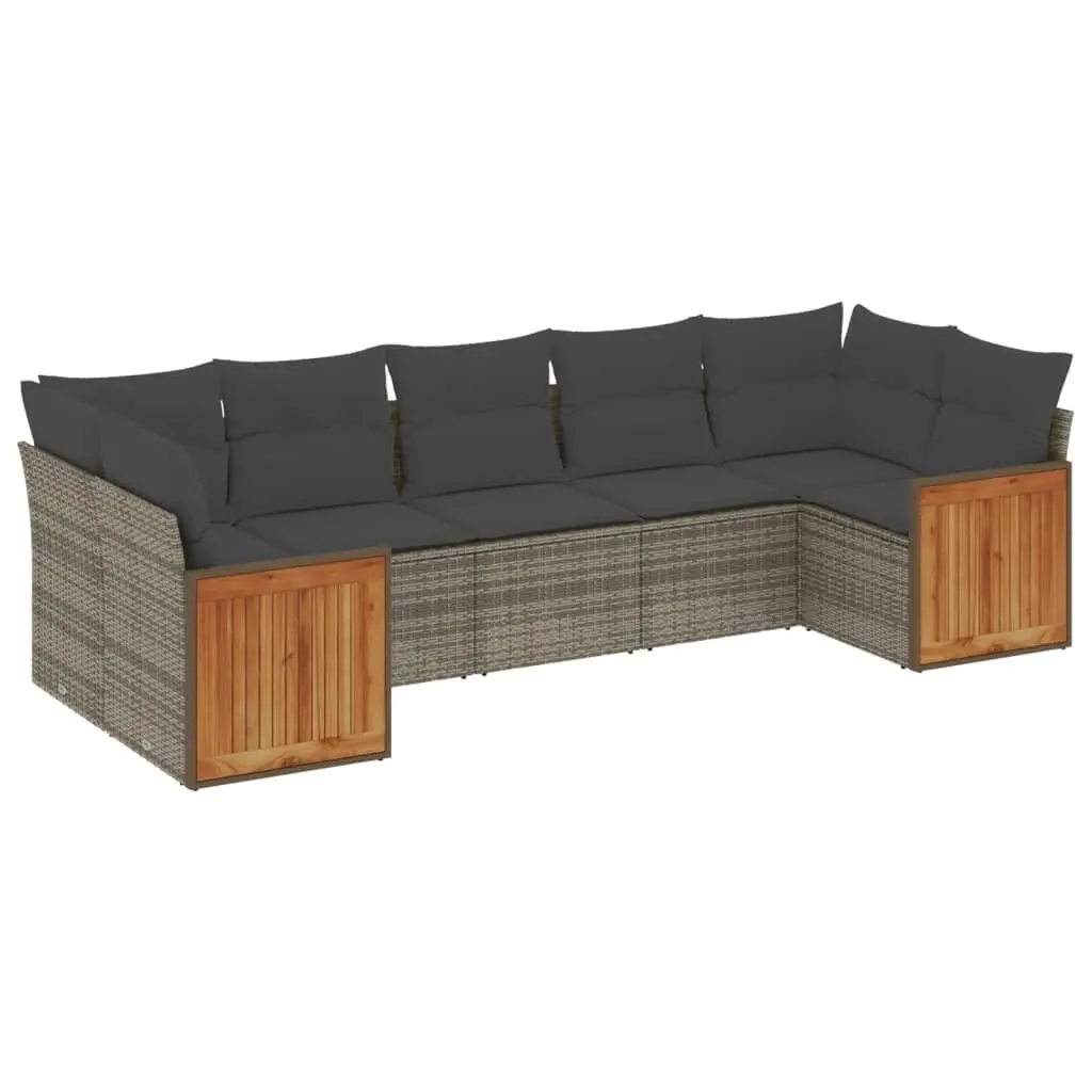 7 Piece Outdoor Garden Sofa Set Poly Rattan Grey with Cushions and Acacia Wood Table Top