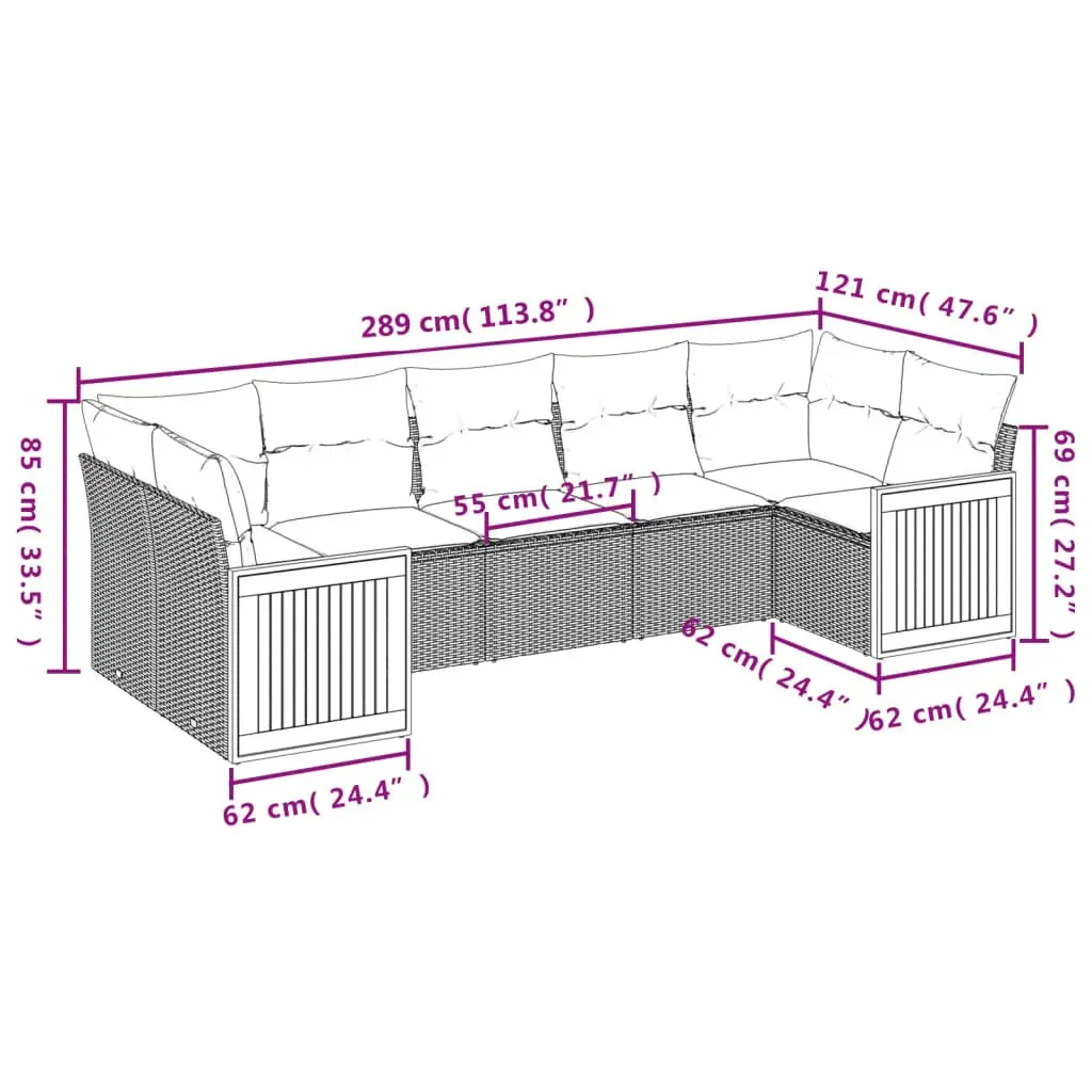 7 Piece Outdoor Garden Sofa Set Poly Rattan Grey with Cushions and Acacia Wood Table Top