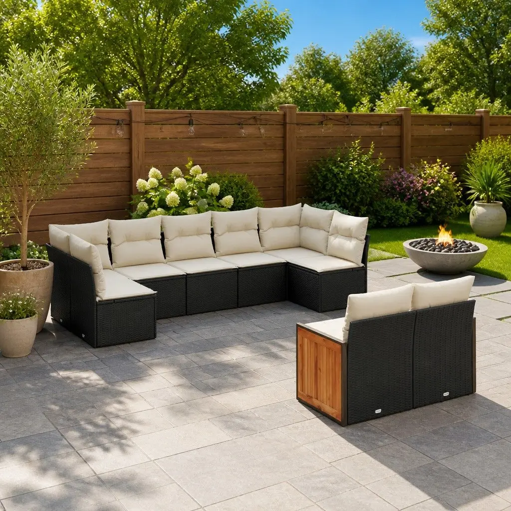 9 Piece Outdoor Lounge Sofa Set Modular Black Rattan Furniture with Cushions