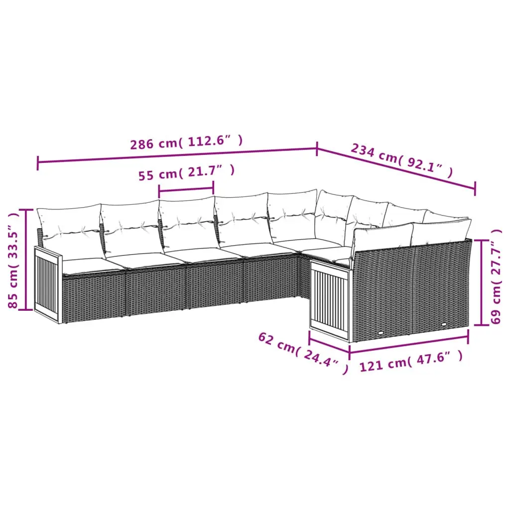 9 Piece Modular Outdoor Garden Sofa Set PE Rattan Construction Beige