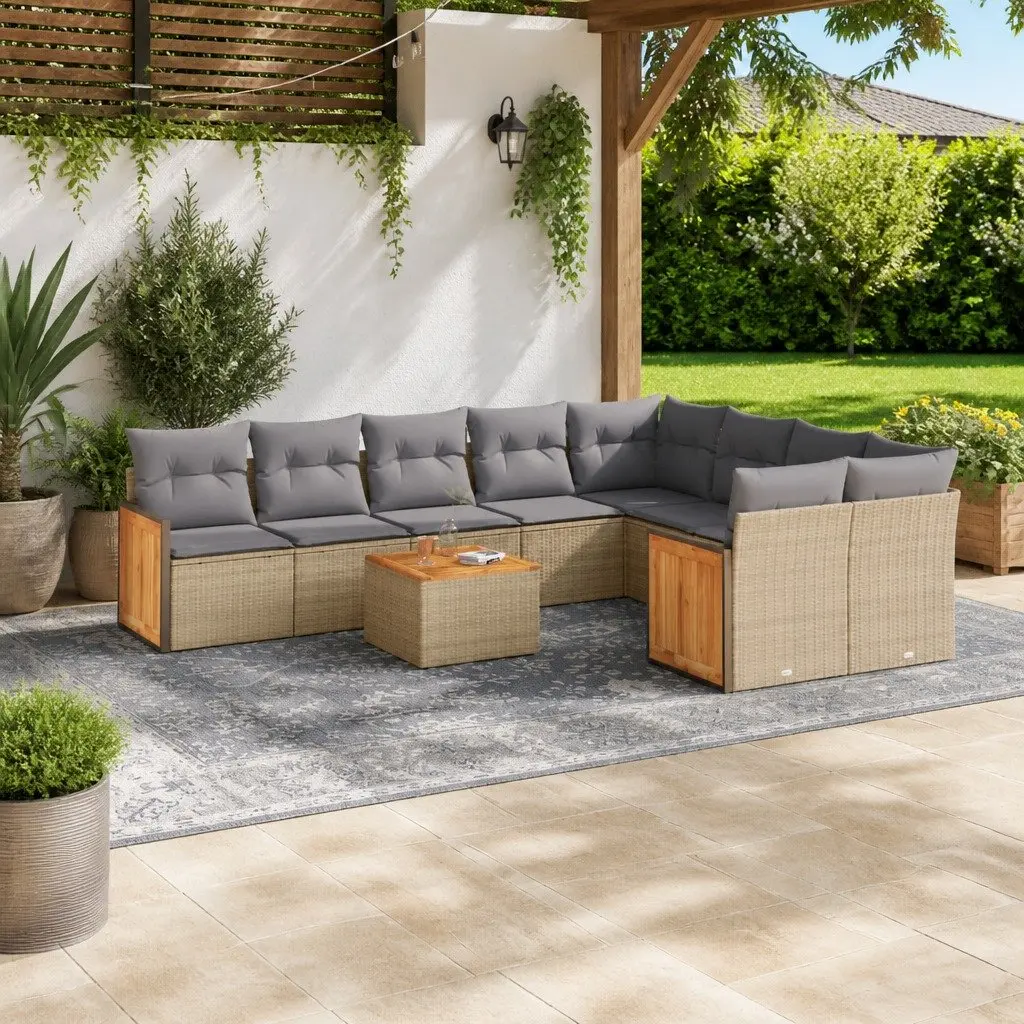 Garden Sofa Set Poly Rattan 10 Piece Outdoor Furniture Beige with Cushions