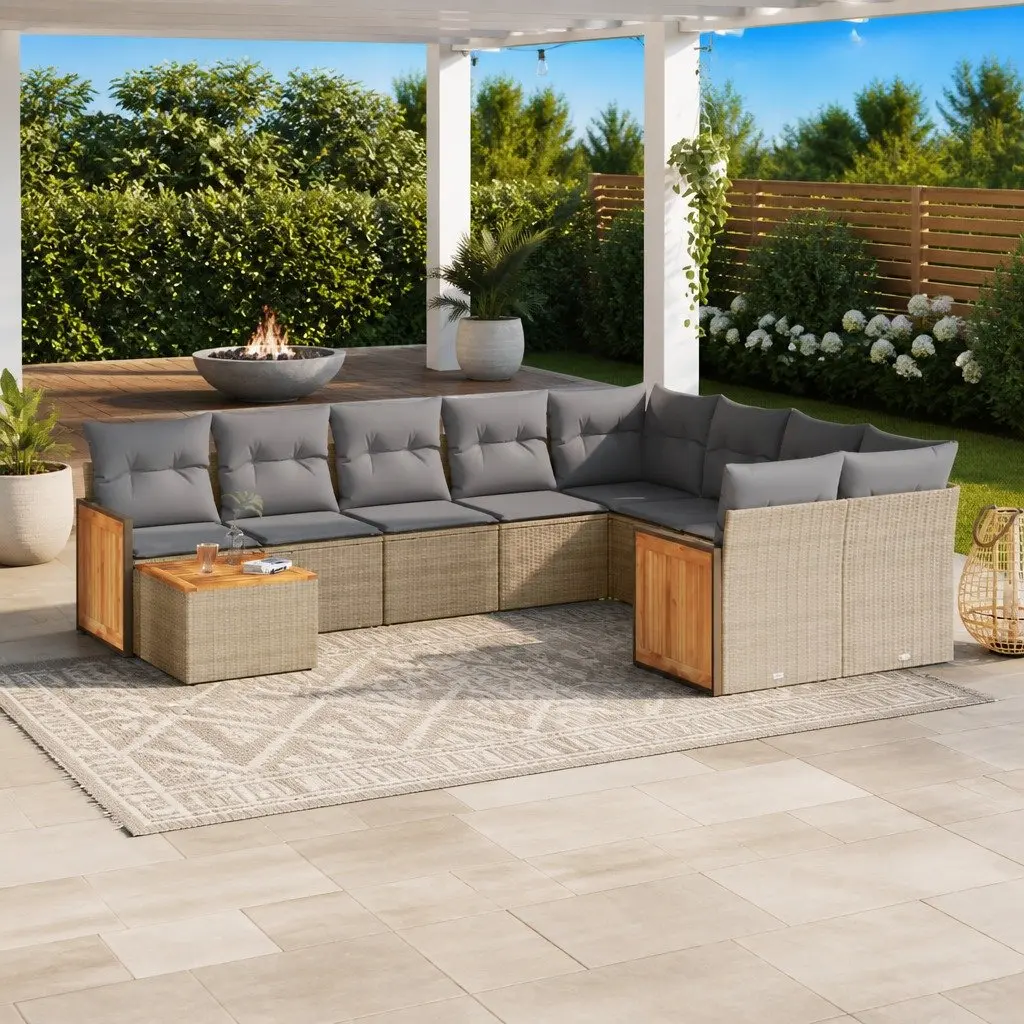 10 Piece Beige Modular Outdoor Furniture Set PE Rattan with Acacia Wood Tabletop and Cushions for Garden Patio