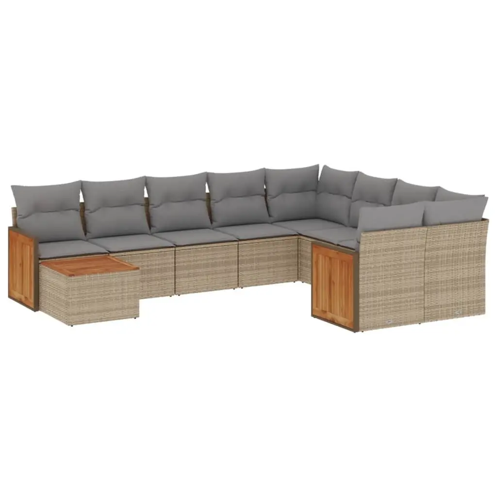 10 Piece Beige Modular Outdoor Furniture Set PE Rattan with Acacia Wood Tabletop and Cushions for Garden Patio