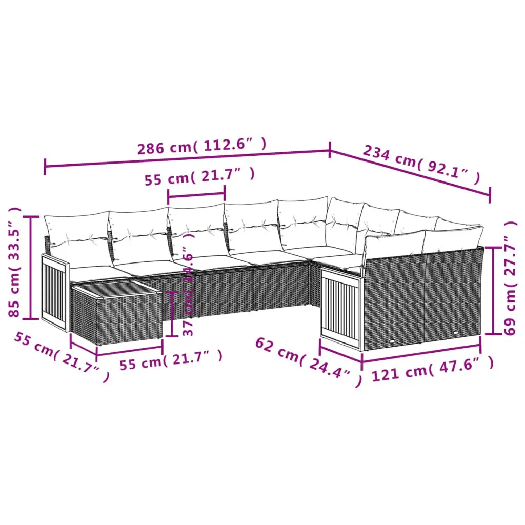 10 Piece Beige Modular Outdoor Furniture Set PE Rattan with Acacia Wood Tabletop and Cushions for Garden Patio