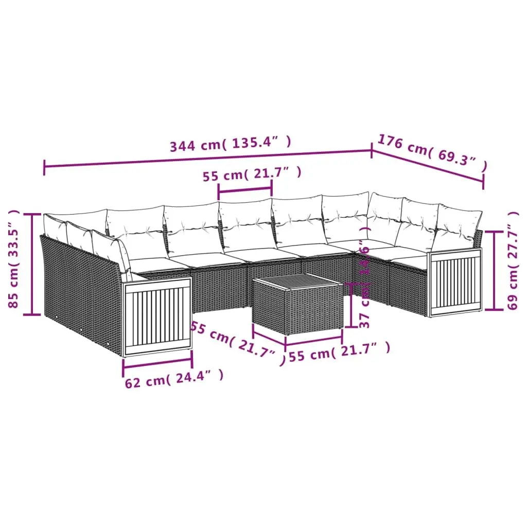 Garden Sofa Set 11 Piece Outdoor Furniture Grey Rattan Modular with Cushions