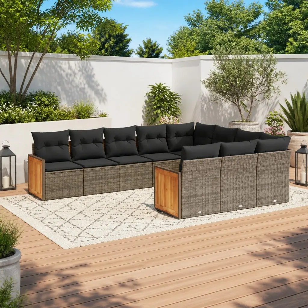 10 Piece Modular Outdoor Furniture Set Grey Cushioned PE Rattan Garden Sofa