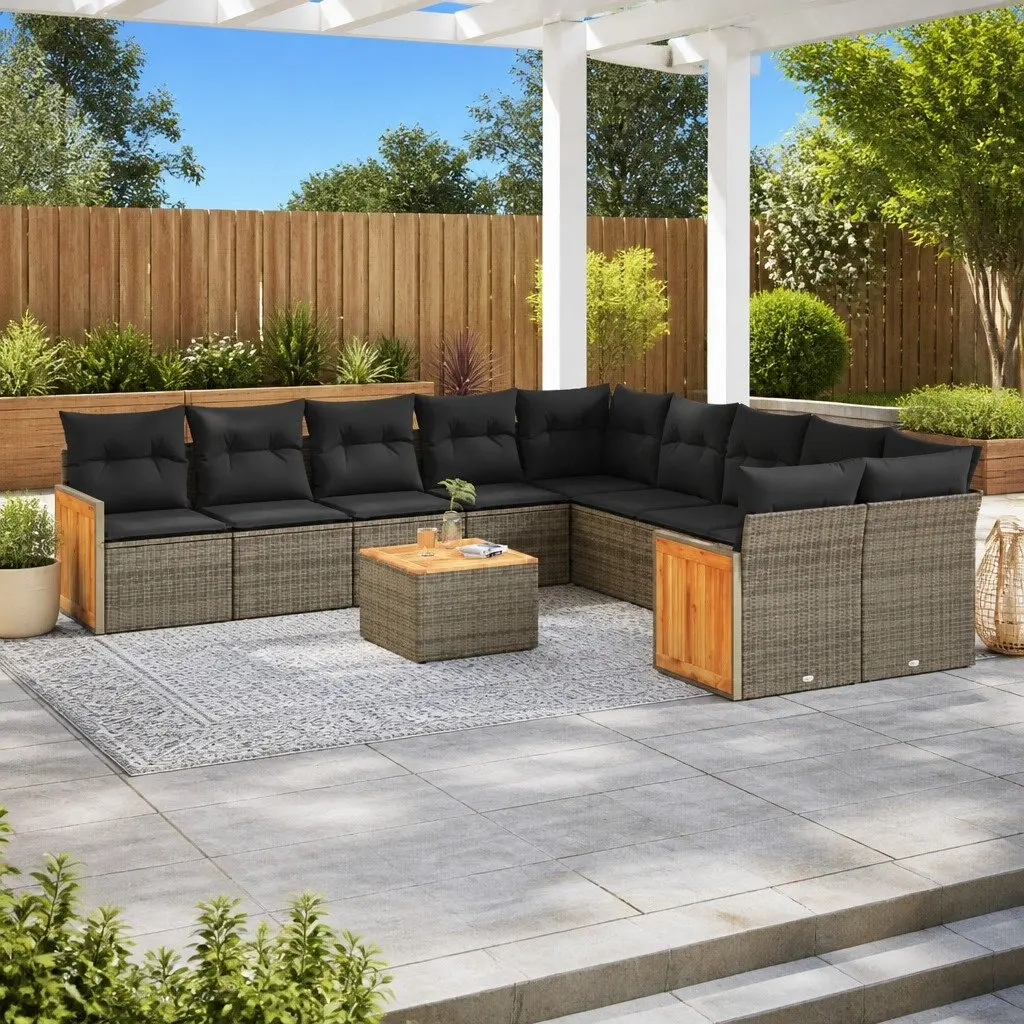 Garden Sofa Set 11 Piece Modular Outdoor Furniture Grey PE Rattan with Acacia Wood Table Top and Padded Cushions