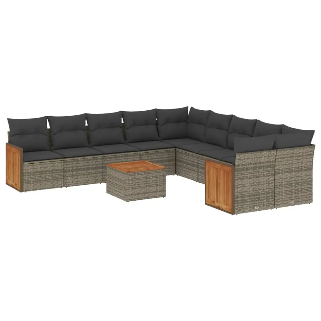 Garden Sofa Set 11 Piece Modular Outdoor Furniture Grey PE Rattan with Acacia Wood Table Top and Padded Cushions