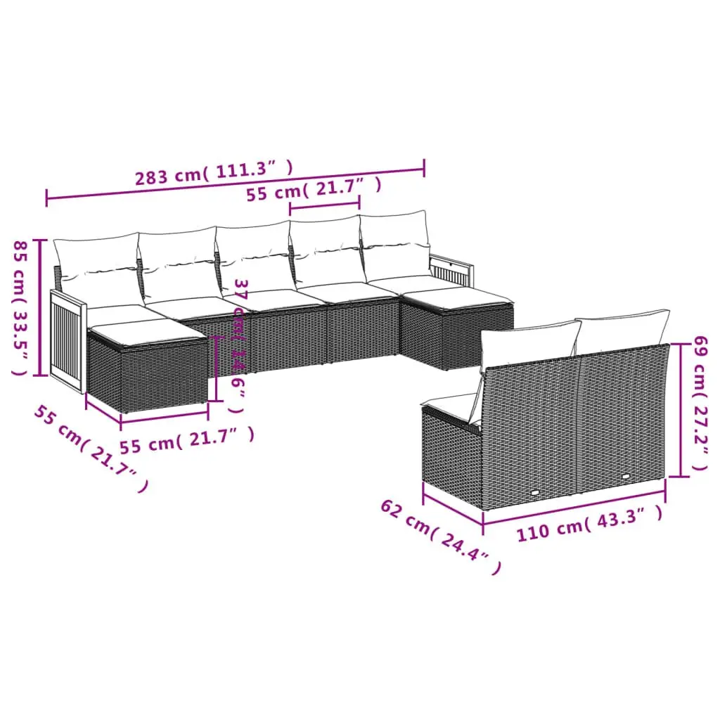 Garden Sofa Set 9 Piece Outdoor Furniture Modular Patio Lounge with Cushions
