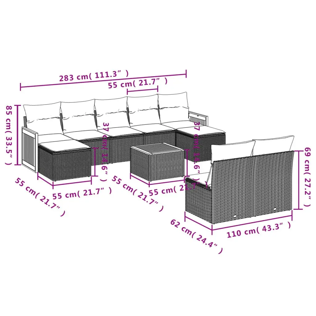 10 Piece Garden Sofa Set PE Rattan Modular Outdoor Furniture with Cushions Grey