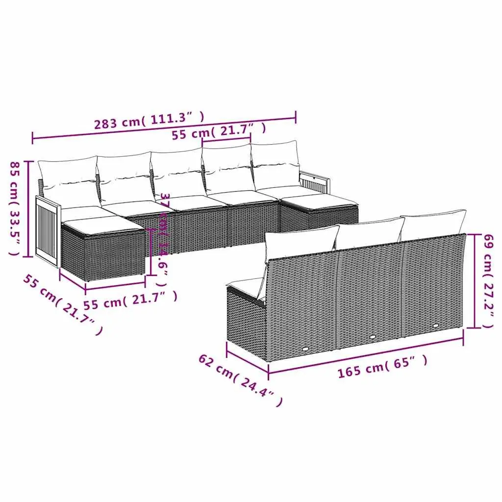 Outdoor Rattan Sofa Set 10 Piece Modular Black Patio Furniture Seating