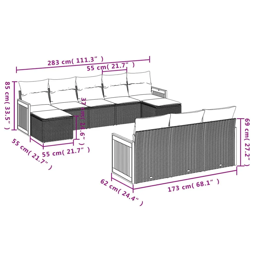 Garden Sofa Set PE Rattan 10 Piece Outdoor Furniture Grey Cushioned Modular