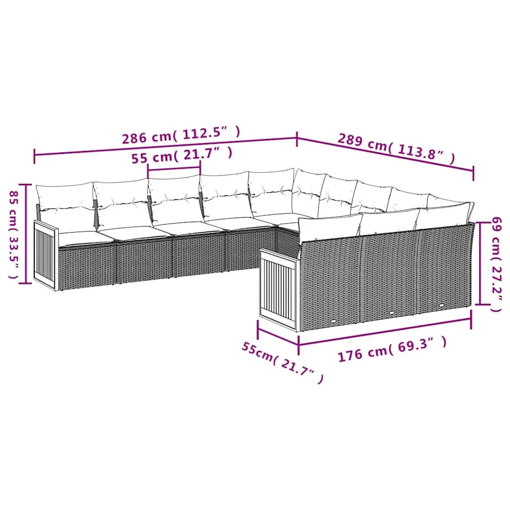 11 Piece Modular Outdoor Sofa Set with Cushions in Black PE Rattan for Patio Lounge