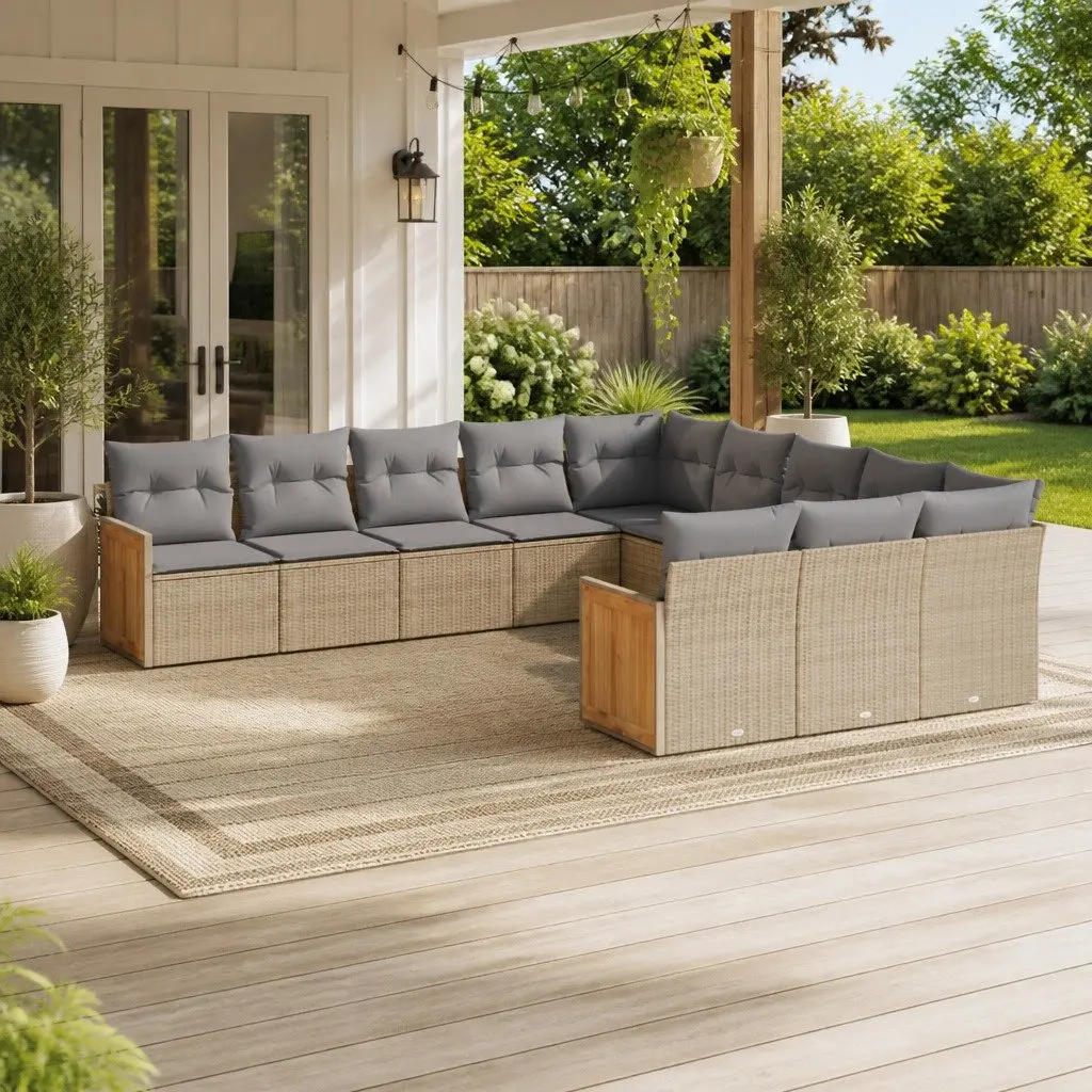 Garden Sofa Set PE Rattan Modular 11 Piece Outdoor Furniture Beige Cushions