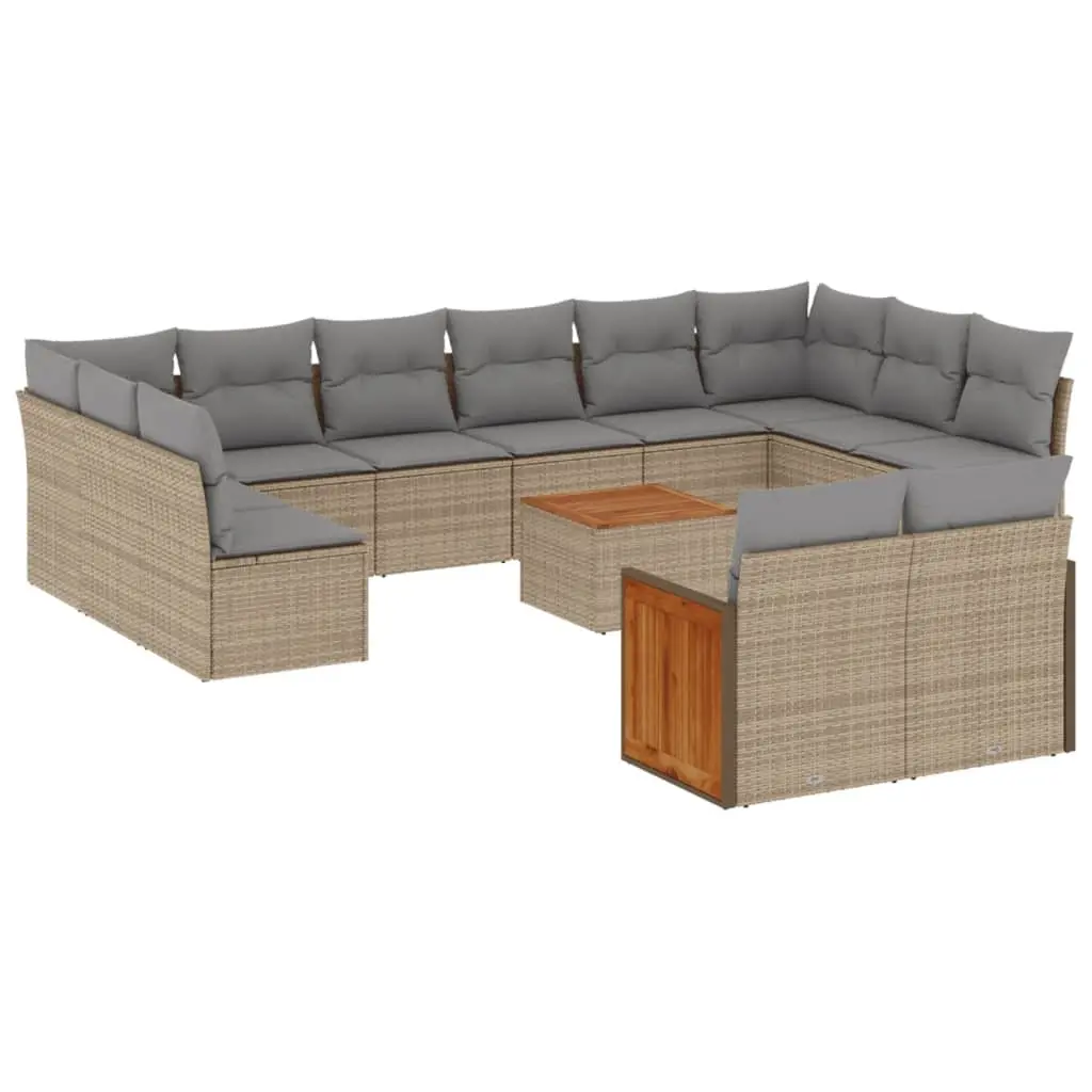 Garden Sofa Set Modular 13 Piece Outdoor Furniture Beige PE Rattan with Acacia Wood Table Top and Padded Cushions