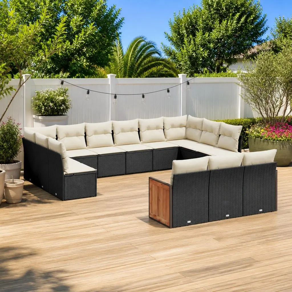 Garden Sofa Set 13 Piece Outdoor Patio Furniture Black Poly Rattan with Cushions