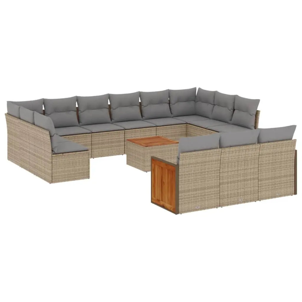 14 Piece Modular Outdoor Furniture Set PE Rattan with Acacia Wood Table Beige Cushions for Patio Garden