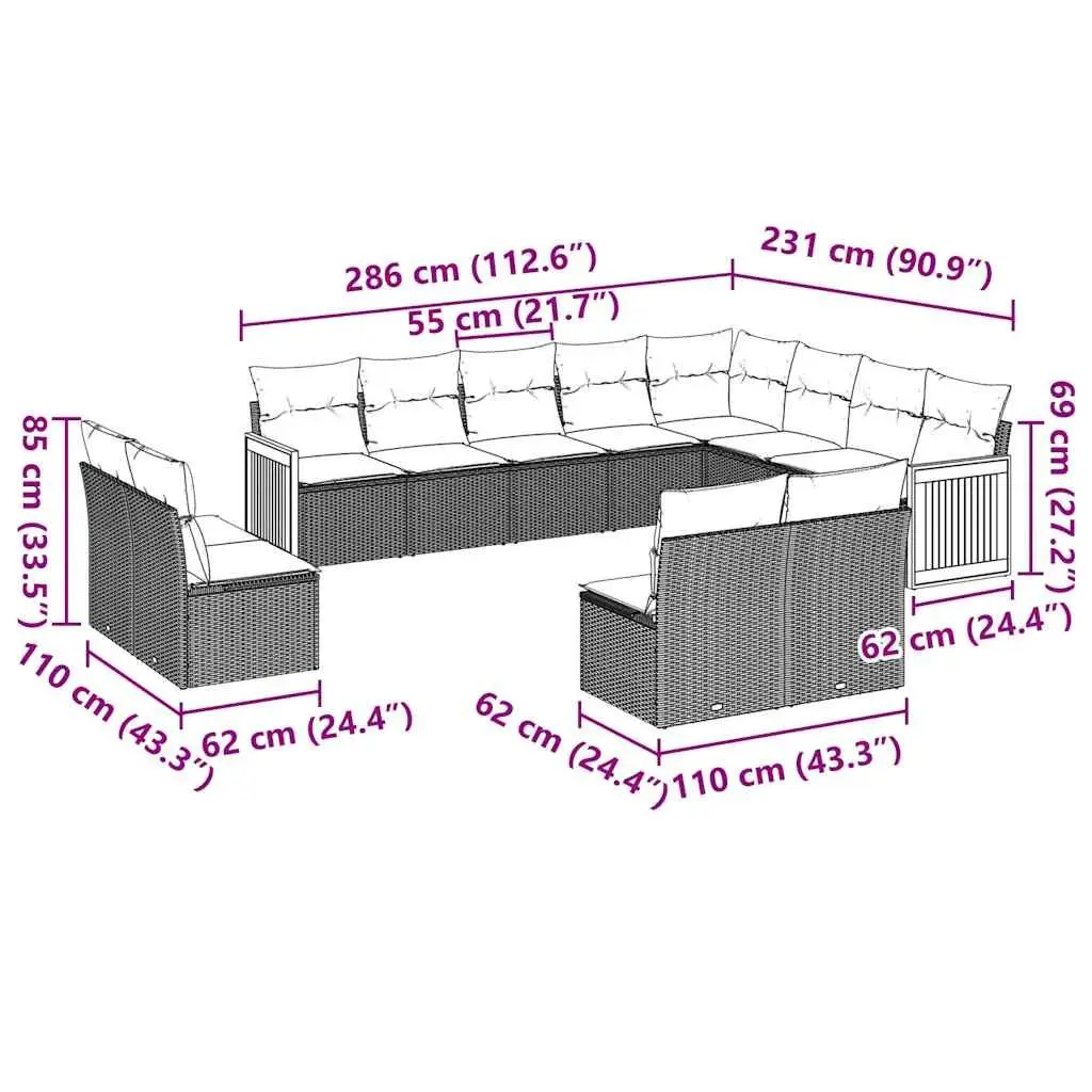 Garden Sofa Set PE Rattan 12 Piece Outdoor Furniture Modular Black