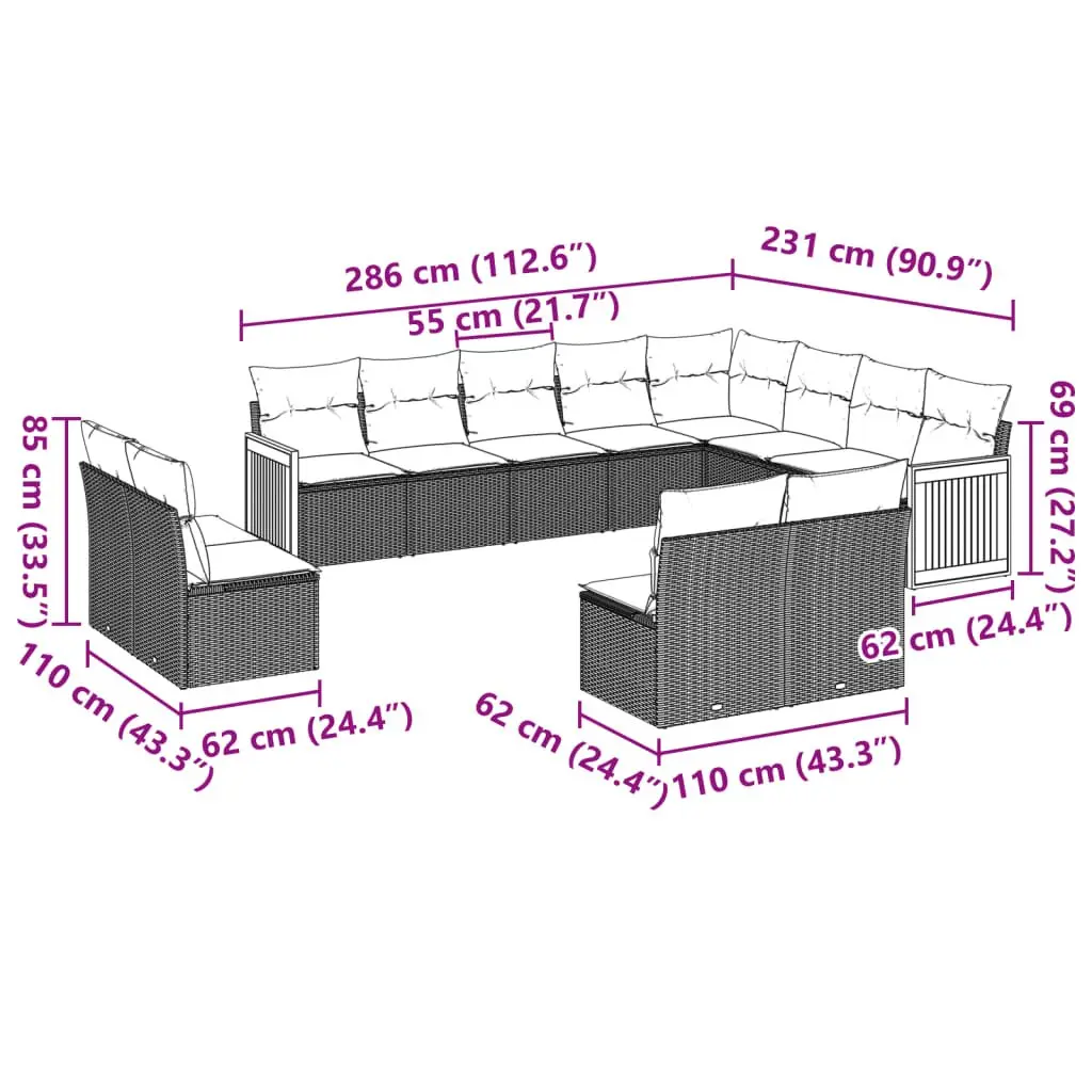 Garden Sofa Set PE Rattan Modular 12 Piece Outdoor Furniture Black with Cushions