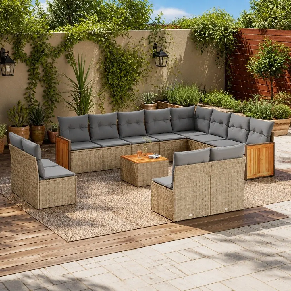 Garden Sofa Set PE Rattan 13 Piece Outdoor Furniture Patio Beige with Cushions Modular