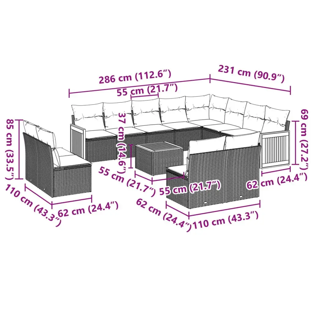 Garden Sofa Set PE Rattan 13 Piece Outdoor Furniture Patio Beige with Cushions Modular