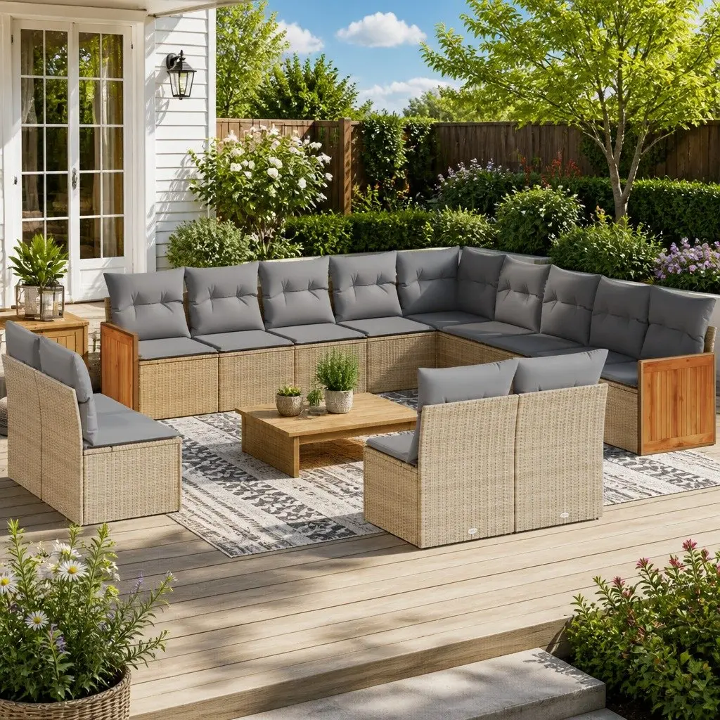 Garden Sofa Set PE Rattan 13 Piece Modular Outdoor Furniture Beige Cushions
