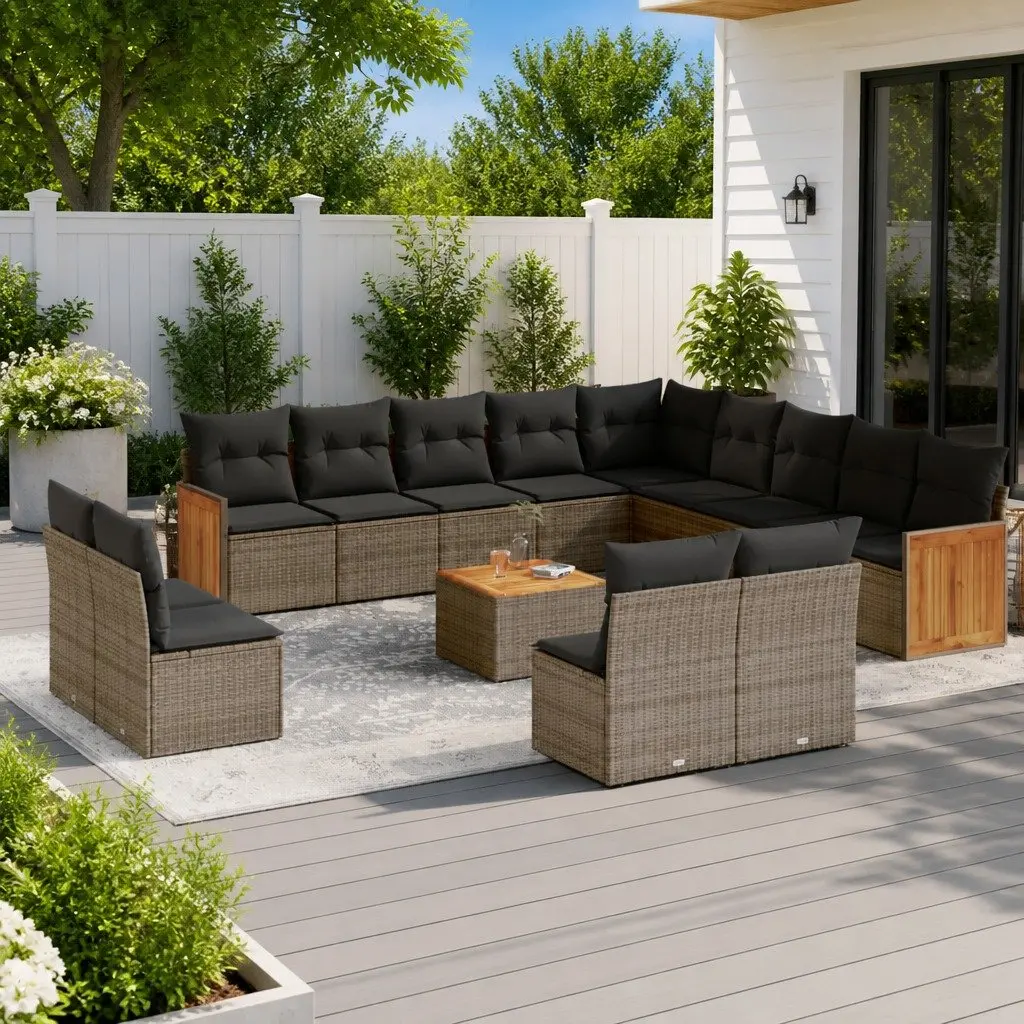 Garden Sofa Set PE Rattan Acacia Wood 14 Piece Outdoor Furniture Patio Lounge Grey with Cushions