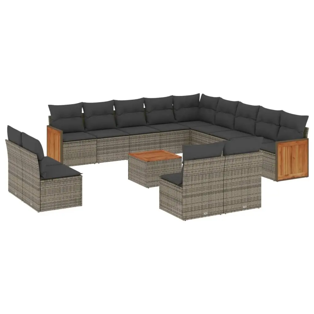 Garden Sofa Set PE Rattan Acacia Wood 14 Piece Outdoor Furniture Patio Lounge Grey with Cushions