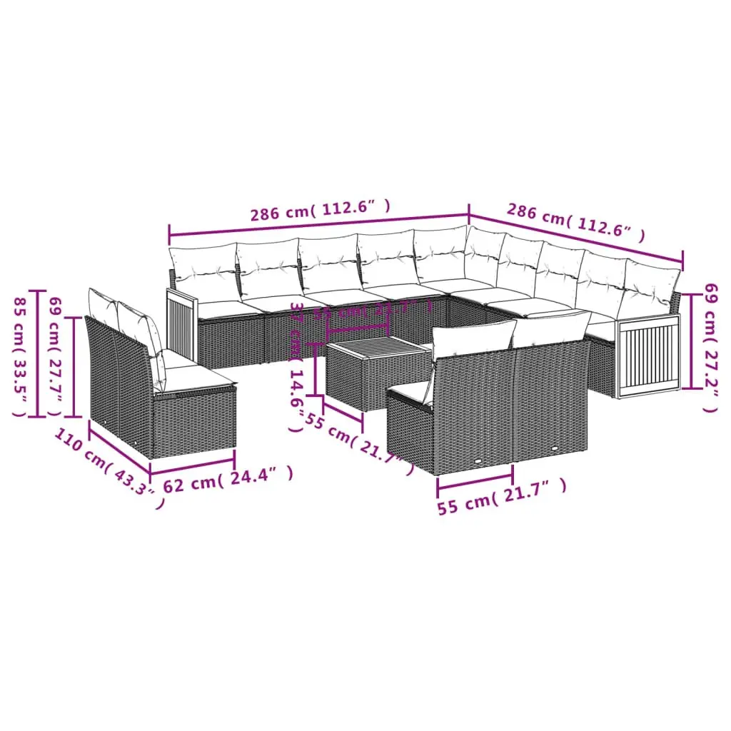 Garden Sofa Set PE Rattan Acacia Wood 14 Piece Outdoor Furniture Patio Lounge Grey with Cushions