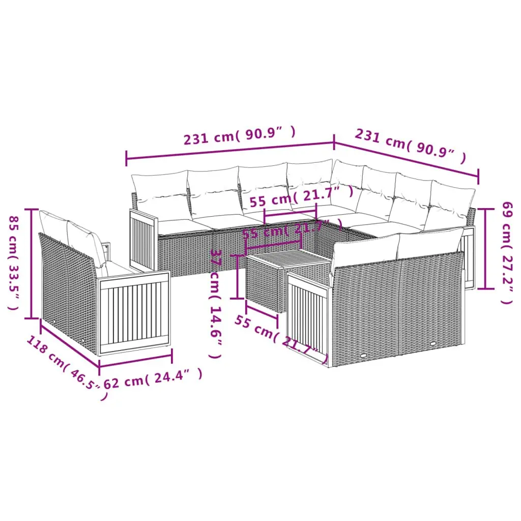 Garden Sofa Set 12 Piece Outdoor Furniture Beige Poly Rattan Patio Modular