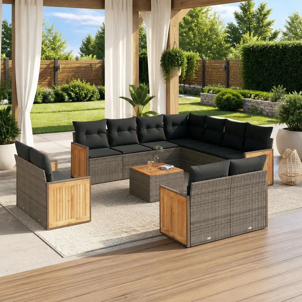 Garden Sofa Set 12 Piece Modular PE Rattan Outdoor Furniture Grey with Acacia Wood Table Top