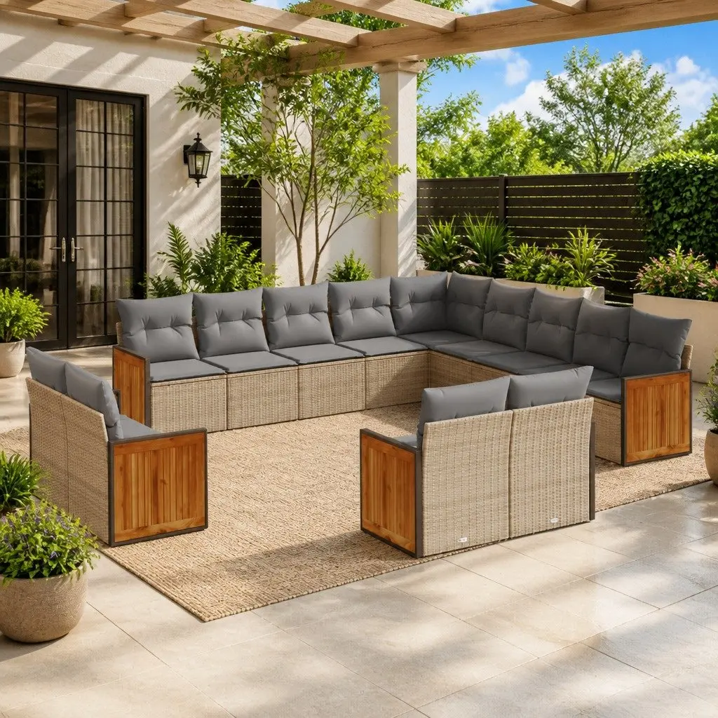 Modular Outdoor Sofa Set 13 Piece with Beige Cushions PE Rattan for Patio Garden Lounge