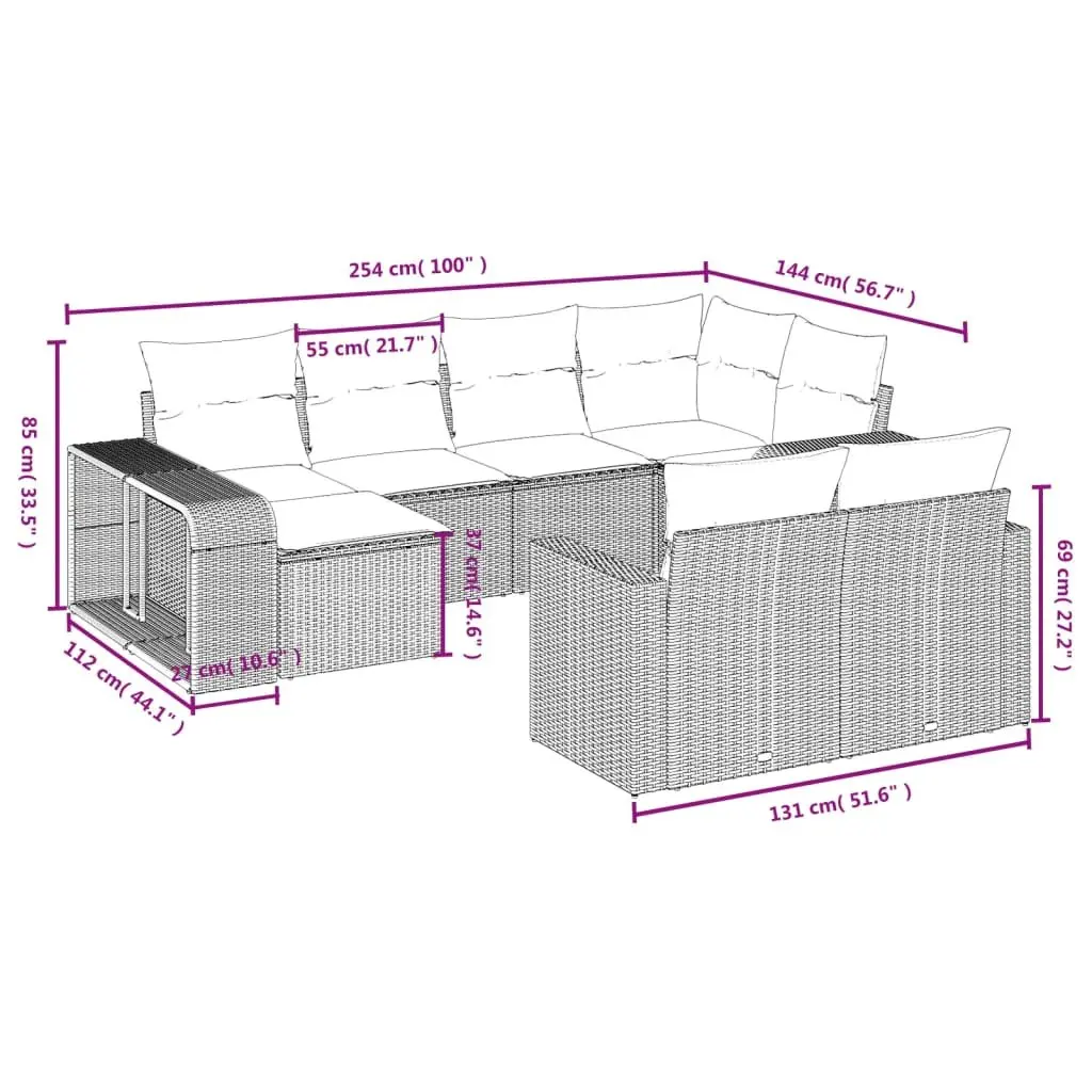 Outdoor Garden Sofa Set 10 Piece Grey Poly Rattan Patio Furniture with Cushions