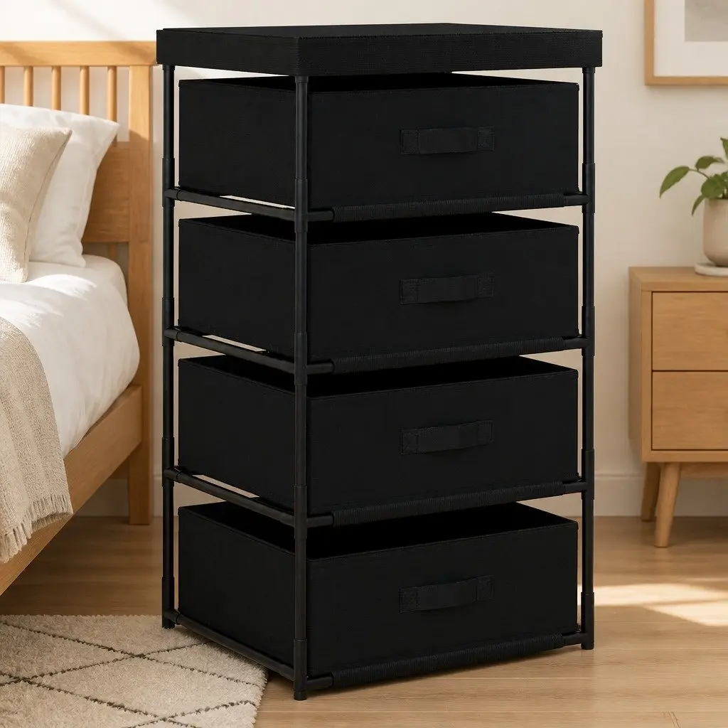 Storage Rack with 4 Fabric Baskets Steel Frame Organiser Black