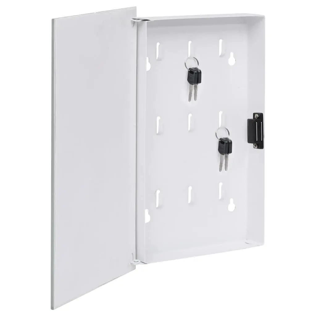 Magnetic Key Box Organizer White 30x20x4cm Powder Coated Steel with Tempered Glass Front Door and Writable Surface for Home Office Storage