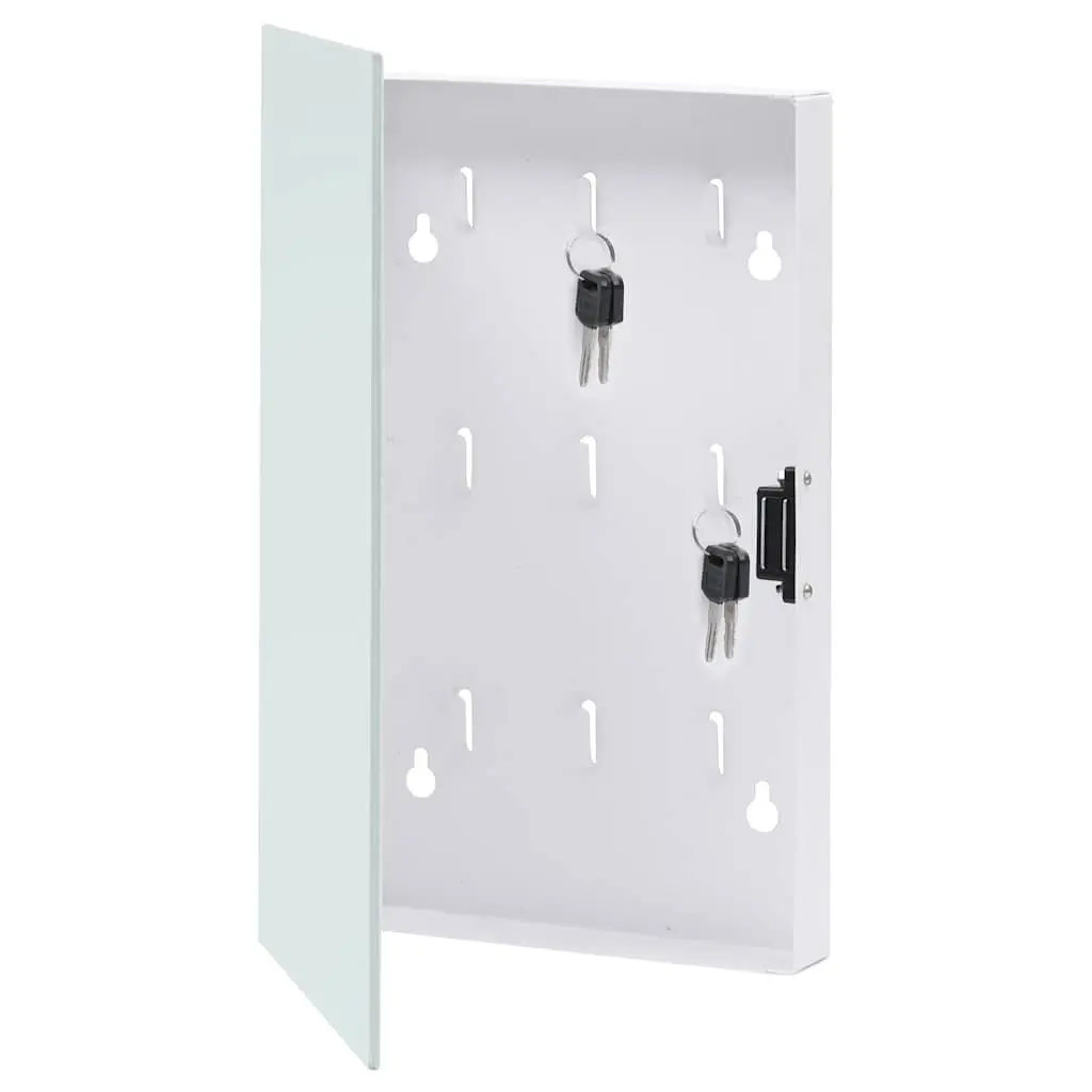 Magnetic Key Box Organizer White 30x20x4cm Powder Coated Steel with Tempered Glass Front Door and Writable Surface for Home Office Storage