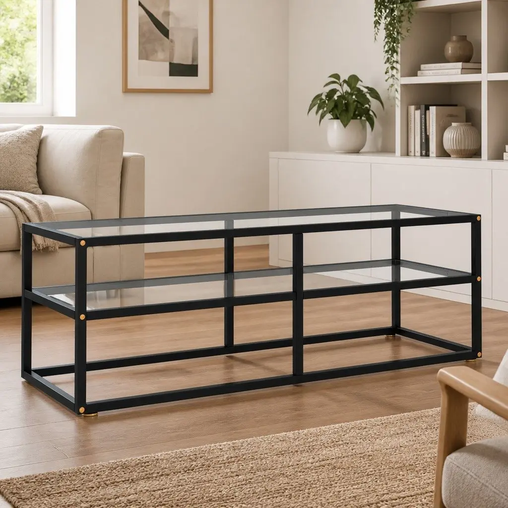 TV Cabinet Black with Tempered Glass Shelving Storage Unit Living Room Furniture