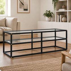 TV Cabinet Black with Tempered Glass Shelving Storage Unit Living Room Furniture