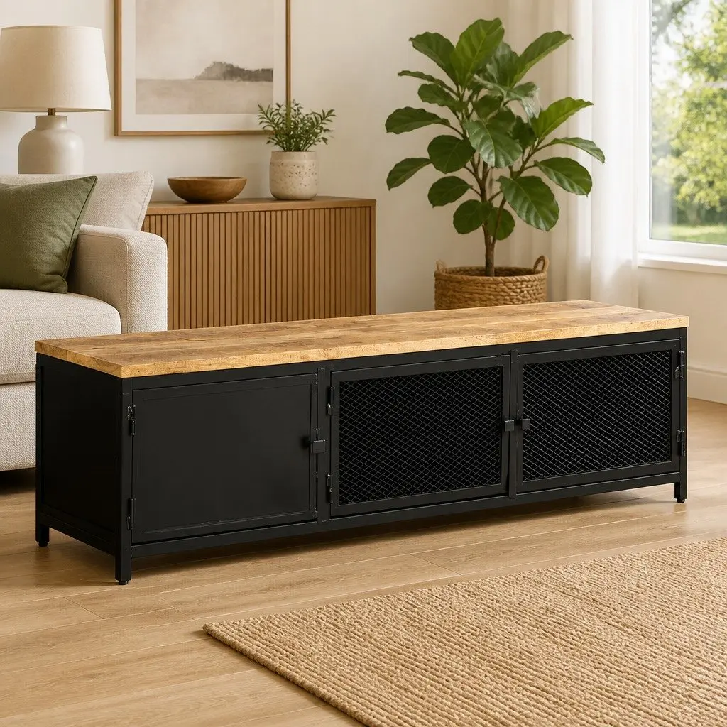 TV Cabinet Solid Mango Wood 130x30x37 cm Black Industrial Lowboard Storage Unit