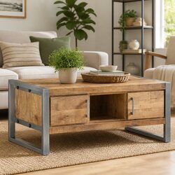 Coffee Table 95x50x40 cm with Storage Doors Compartment Industrial Design