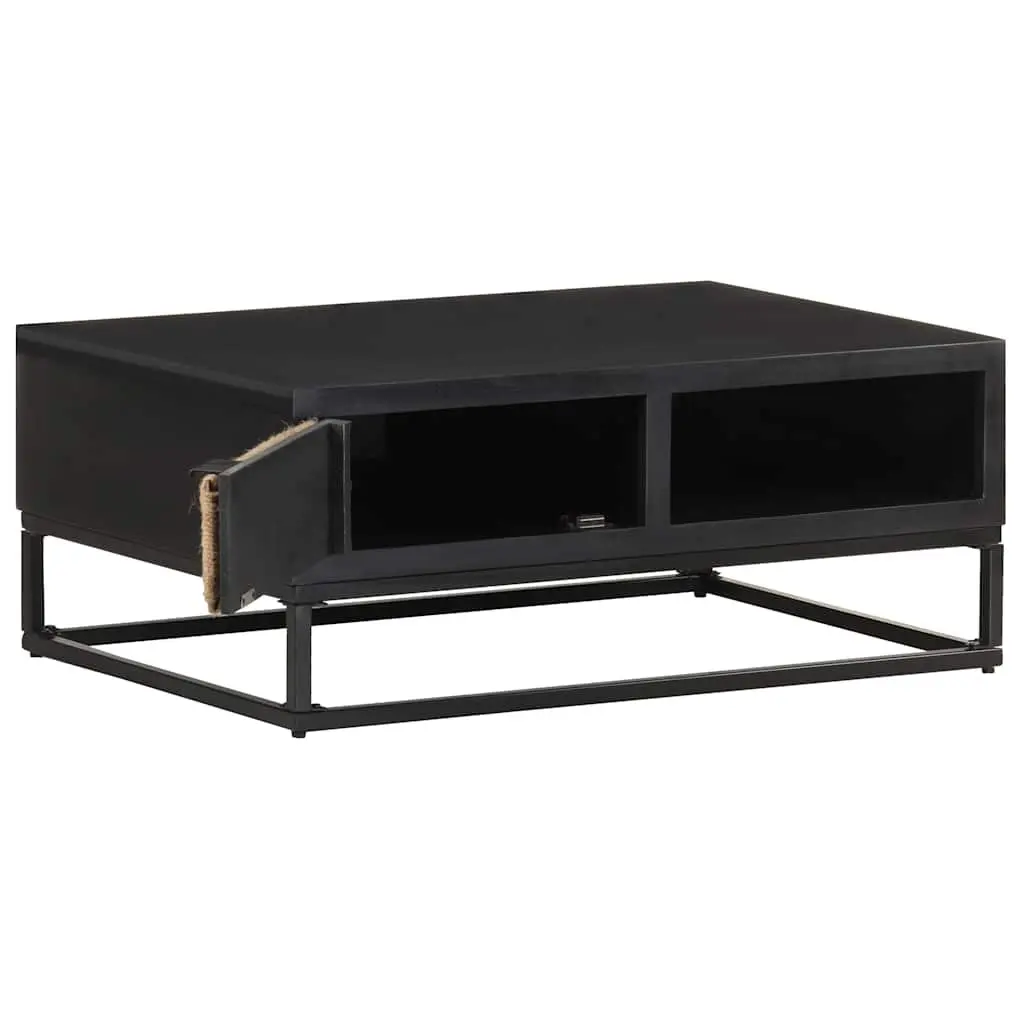 Coffee Table Solid Mango Wood 90x60x35cm Black Industrial Accent with Storage Compartment