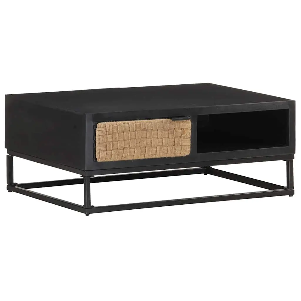 Coffee Table Solid Mango Wood 90x60x35cm Black Industrial Accent with Storage Compartment