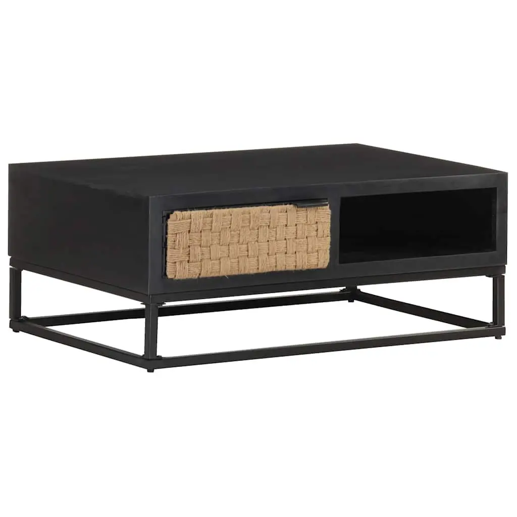 Coffee Table Solid Mango Wood 90x60x35cm Black Industrial Accent with Storage Compartment
