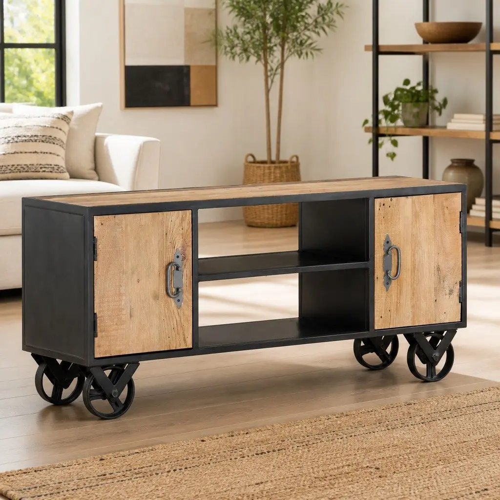 Reclaimed Wood TV Cabinet 110x30x49cm Industrial Style with Steel Frame and Wheels Brown Storage Unit