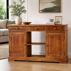 Solid Acacia Wood Sideboard 135x35x75cm Brown Storage Cabinet 2 Doors 3 Drawers