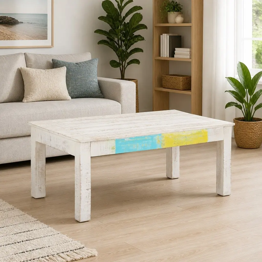 White Coffee Table Solid Mango Wood 110x60x45cm Living Room Accent Piece