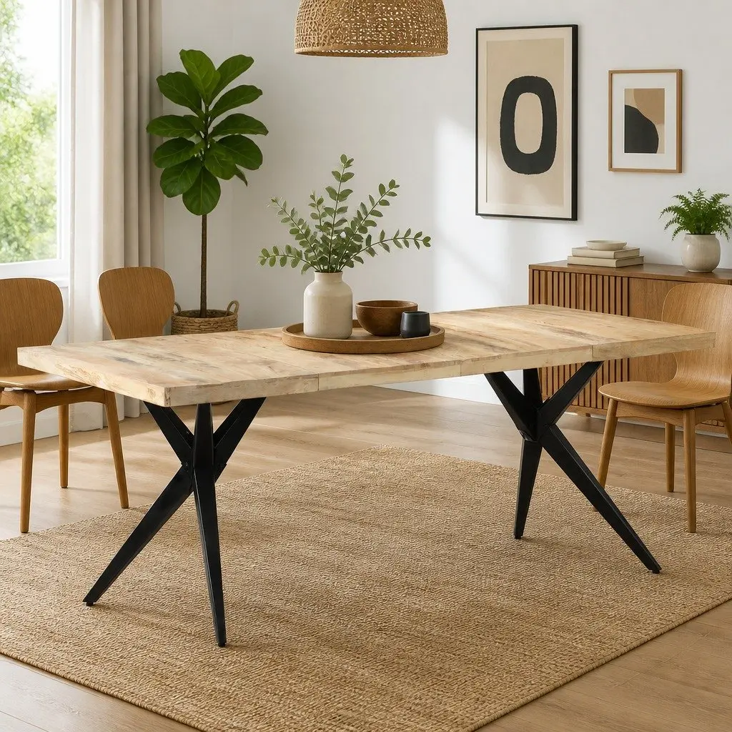 Dining Table Rough Mango Wood 200x90x76cm Durable Steel Legs Natural Finish