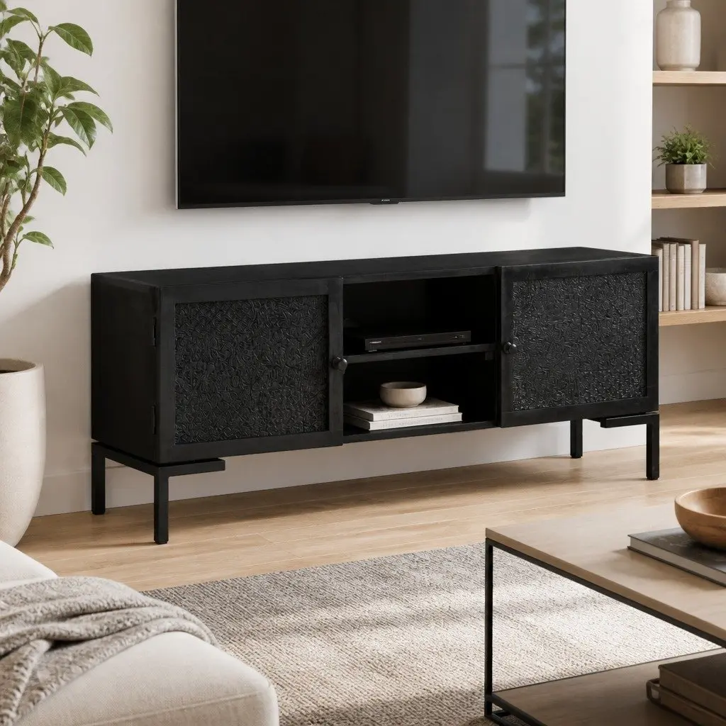 Black Media Unit Solid Mango Wood TV Cabinet with Shelves and Doors for Living Room Storage