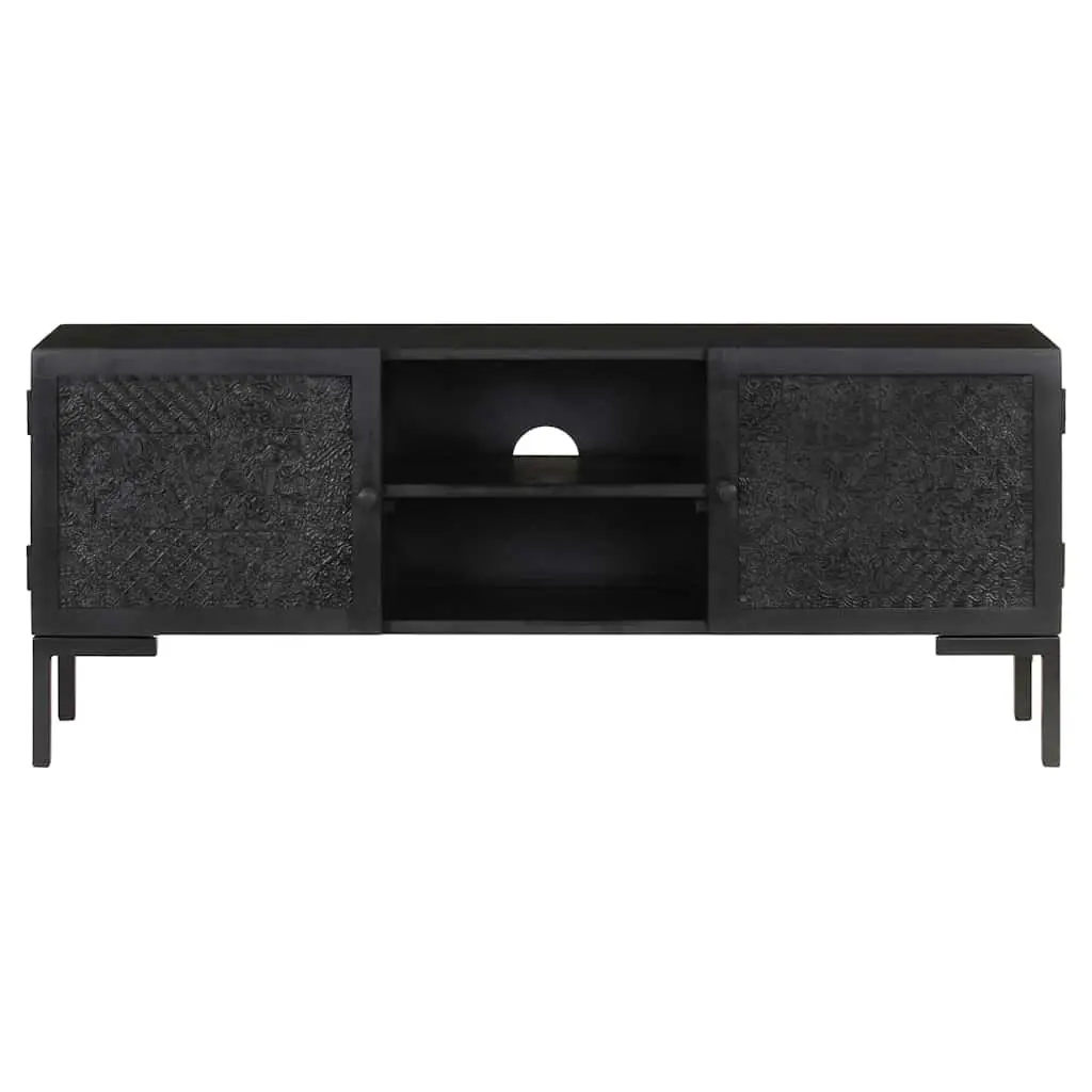Black Media Unit Solid Mango Wood TV Cabinet with Shelves and Doors for Living Room Storage
