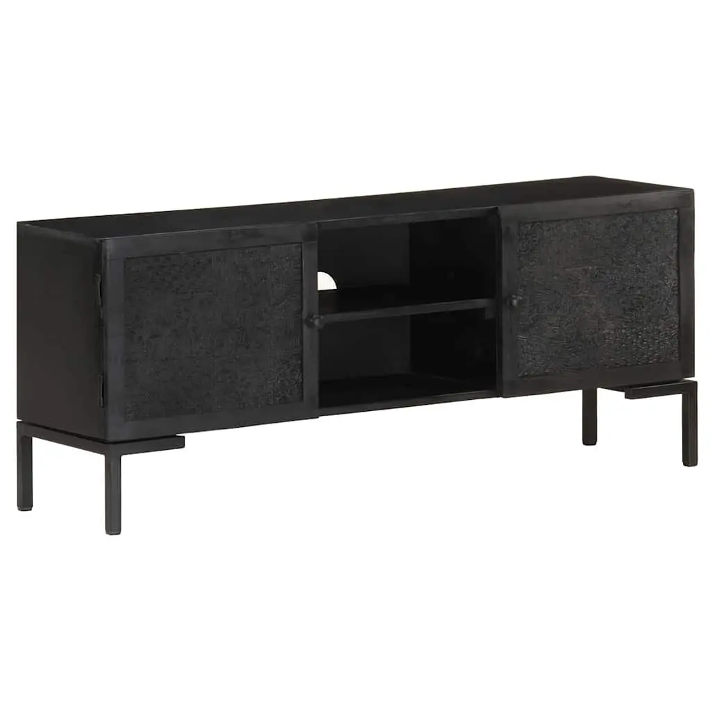 Black Media Unit Solid Mango Wood TV Cabinet with Shelves and Doors for Living Room Storage